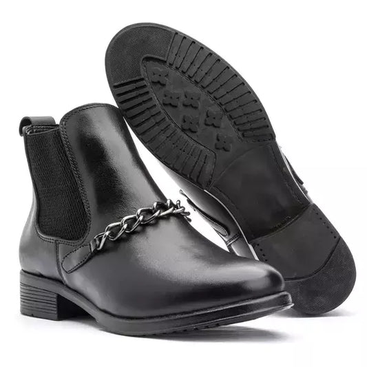 Bota Feminina Chelsea Preta em Couro Legítimo Cano Médio com Corrente