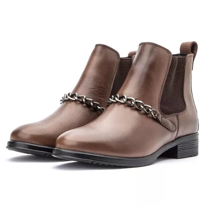 Bota Feminina Chelsea com Corrente em Couro Legítimo Cano Médio
