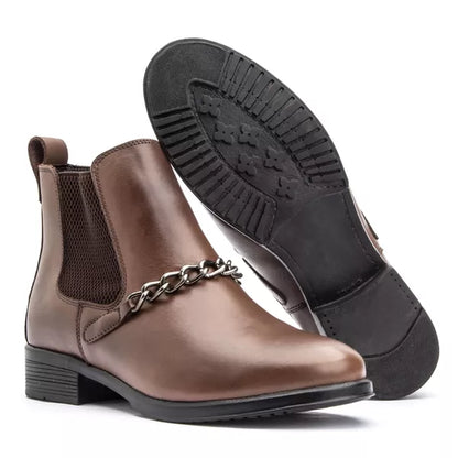 Bota Feminina Chelsea com Corrente em Couro Legítimo Cano Médio