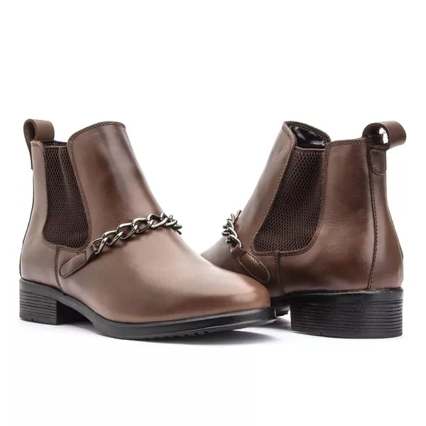 Bota Feminina Chelsea com Corrente em Couro Legítimo Cano Médio