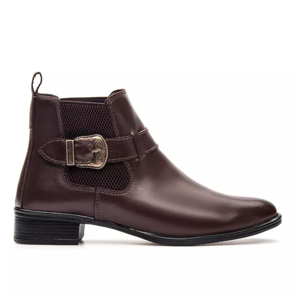 Bota Feminina Chelsea Café em Couro Legítimo Cano Médio com Fivela