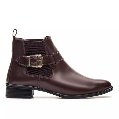 Bota Feminina Chelsea Café em Couro Legítimo Cano Médio com Fivela