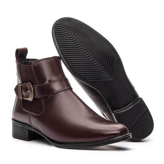 Bota Feminina Chelsea Café em Couro Legítimo Cano Médio com Fivela