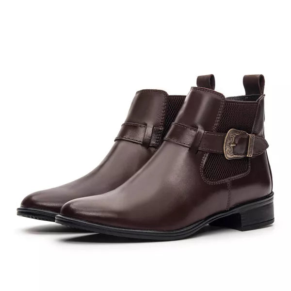 Bota Feminina Chelsea Café em Couro Legítimo Cano Médio com Fivela