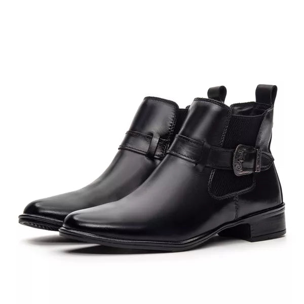 Bota Feminina Chelsea Preta em Couro Legítimo Cano Médio com Fivela