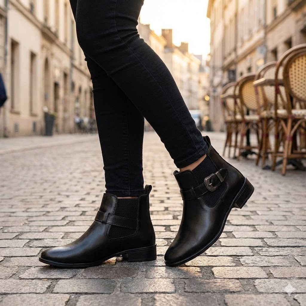 Bota Feminina Chelsea Preta em Couro Legítimo Cano Médio com Fivela
