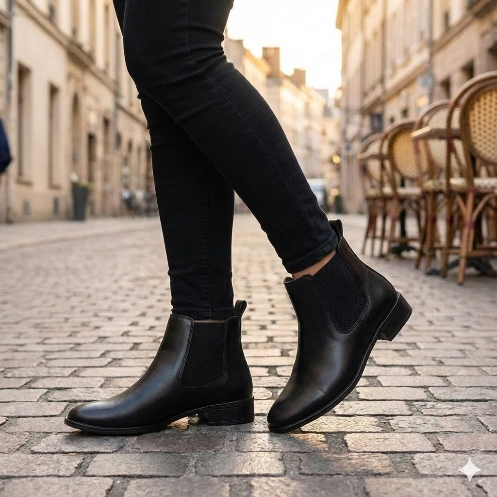Bota Feminina Chelsea Preta em Couro Legítimo Cano Médio